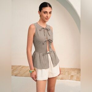Commense Gingham Tie-Front Peplum Top